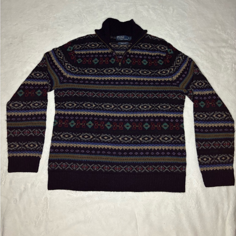 VTG Polo Ralph Lauren Wool Hand Knit Fair Isle Knit Sweater L Men Quarter Zip